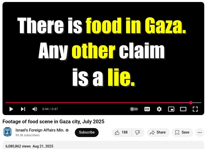 screenshot of a Youtube video.
text on screen: "There is food in Gaza. Any other claim is a lie."
text below video:
0:44 / 0:47
Footage of food scene in Gaza city, July 2025
Israel's Foreign Affairs Min.
99.3K subscribers
6,080,862 views Aug 21, 2025